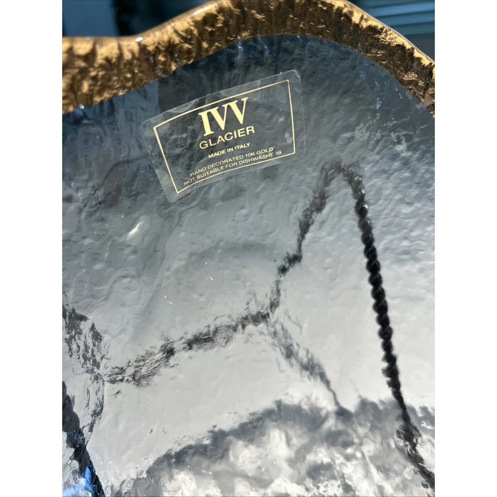 Glacier IVV Italian Textured Art‎ Glass 10K Gold Trimmed 9 Inch Serving Bowl